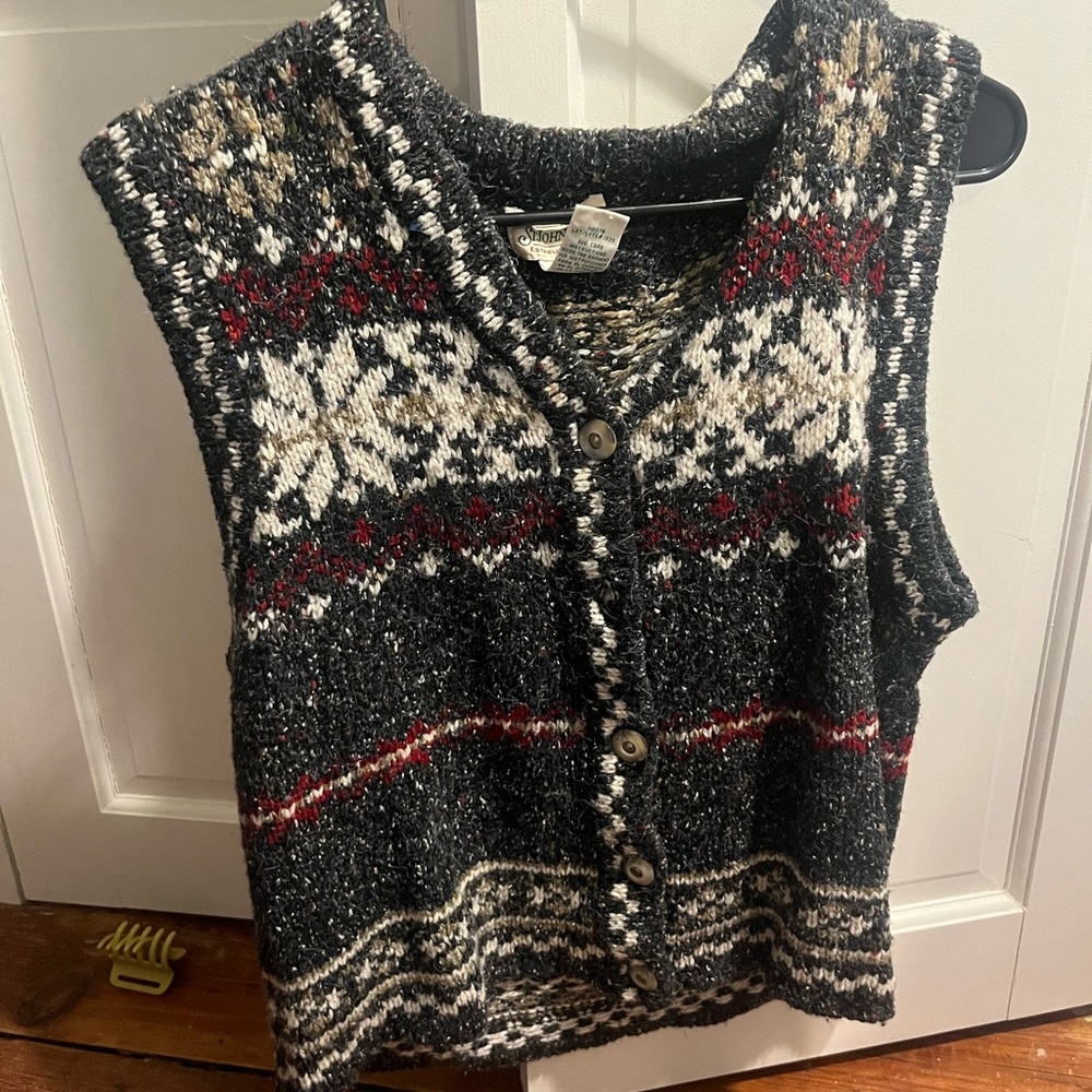 Vintage St. John's Bay Black and Red Patterned Cardigan Vest